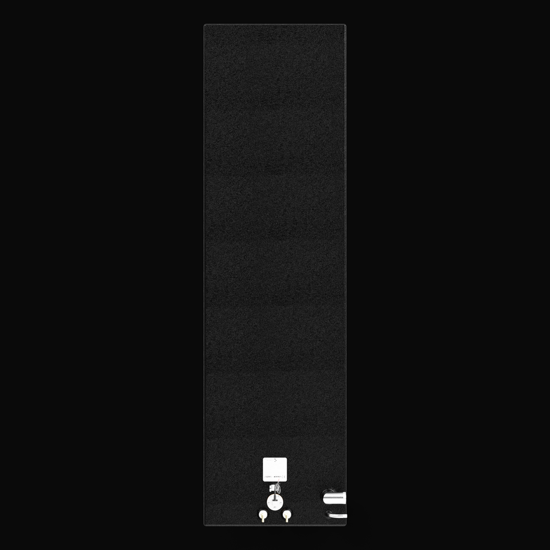A full top-down vertical aerial layout view of a high-performance black narrow single tank, detailing the technical component arrangement for a Warlock 29 93-gallon OEM replacement marine fuel tank. This bird's-eye blueprint perspective highlights the exceptionally long, slender profile of the fuel cell, masterfully fabricated from heavy-gauge marine-grade 5052-H32 aluminum and fully sealed in a protective black TarGard epoxy coating. The layout showcases all top-deck hardware precisely localized at the bot