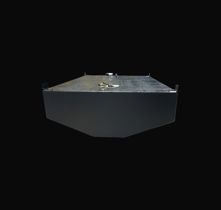 A studio low-angle end view looking along the length of a physical, finished black encapsulated WellCraft 23.8 CCF 1994 OEM replacement marine fuel tank (137 gal) from file image_5c8184.jpg, isolated against a black background. Precision-fabricated from heavy-gauge marine-grade 5052-H32 aluminum, the V-hull contoured body is fully encapsulated in a protective, textured black TarGard epoxy coating to resist severe saltwater pitting and bilge moisture decay. Top deck hardware configuration features welded cor
