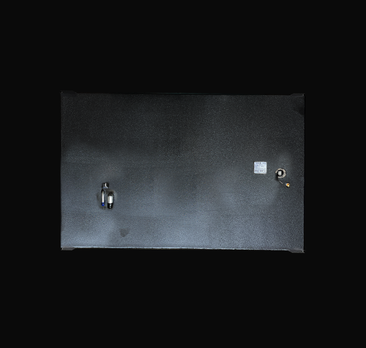 A studio top-down plan view displaying the clean deck layout of a physical, finished black encapsulated WellCraft 23.8 CCF 1994 OEM replacement marine fuel tank (137 gal) from file image_5c7d42.jpg, isolated against a black background. Precision-fabricated from heavy-gauge marine-grade 5052-H32 aluminum, the rectangular top deck is fully encapsulated in a protective, textured black TarGard epoxy coating to resist severe saltwater pitting and bilge moisture decay. Hardware arrangement highlights left-side fi