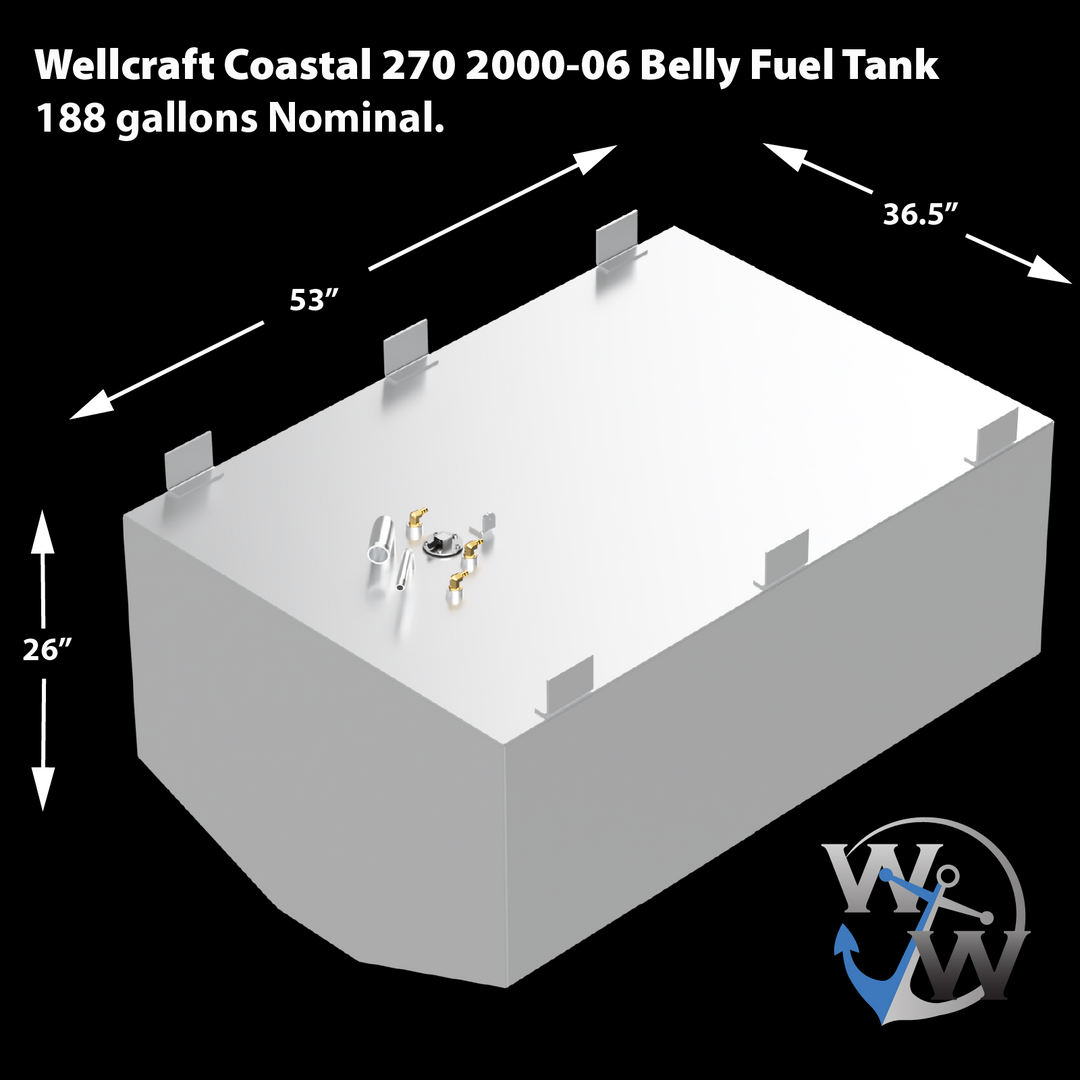 "Wellcraft Coastal 270 2000-06 Belly Fuel Tank, 188 gallons Nominal, with dimensions 53 inches by 36.5 inches by 26 inches.