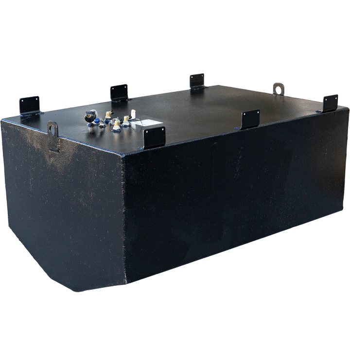 A black, rectangular fuel tank with a textured surface, shown from an angled perspective against a checkered background. The tank features various pipe connections and a label on its top, along with L-shaped brackets and D-rings for mounting. The bottom corners of the tank are angled