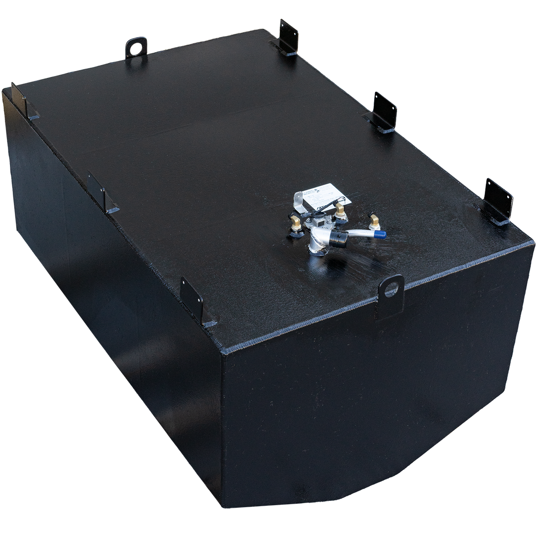 A black, rectangular OEM replacement fuel tank for a Wellcraft Coastal 270 (2000-2006 model, 188-gallon gross capacity) is shown against a black and grey checkerboard background. The tank features a textured surface, mounting brackets along its edges, and various metallic fittings on its top, including a complex valve assembly and a U-shaped handle