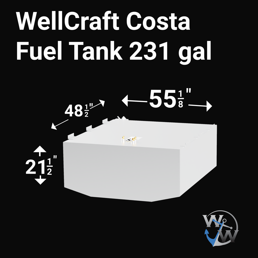 Isometric front-left view of a white 231-gallon marine fuel tank for the WellCraft Costa. The tank features dimensions labeled as 48 1/2 inches in length, 55 1/8 inches in width, and 21 1/2 inches in height. It includes side mounting tabs, an angled front edge, and a centered cluster of brass and metallic fuel fittings. The Welding World logo appears in the bottom-right corner.