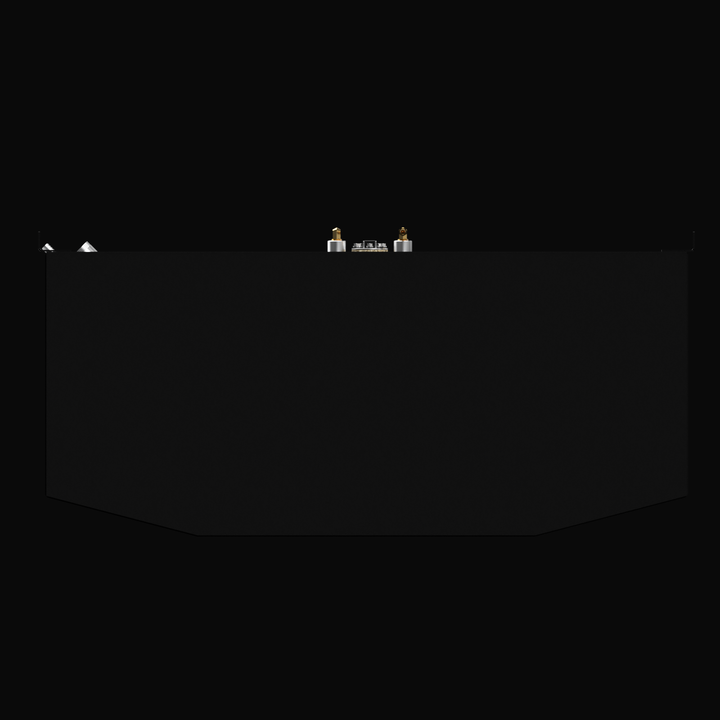 Front orthographic view of a black marine fuel tank for the WellCraft Costa with a 231-gallon capacity. The tank features an angled front bottom edge, a central cluster of fuel fittings on the top including two brass ports, and a clean, industrial design suitable for marine applications.