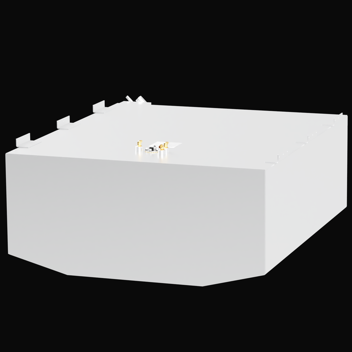 Isometric front-left view of a white marine fuel tank designed for the WellCraft Costa, with a 231-gallon capacity. The tank features an angled front edge, multiple mounting tabs along both sides, and a central cluster of metallic and brass fuel fittings on the top surface.