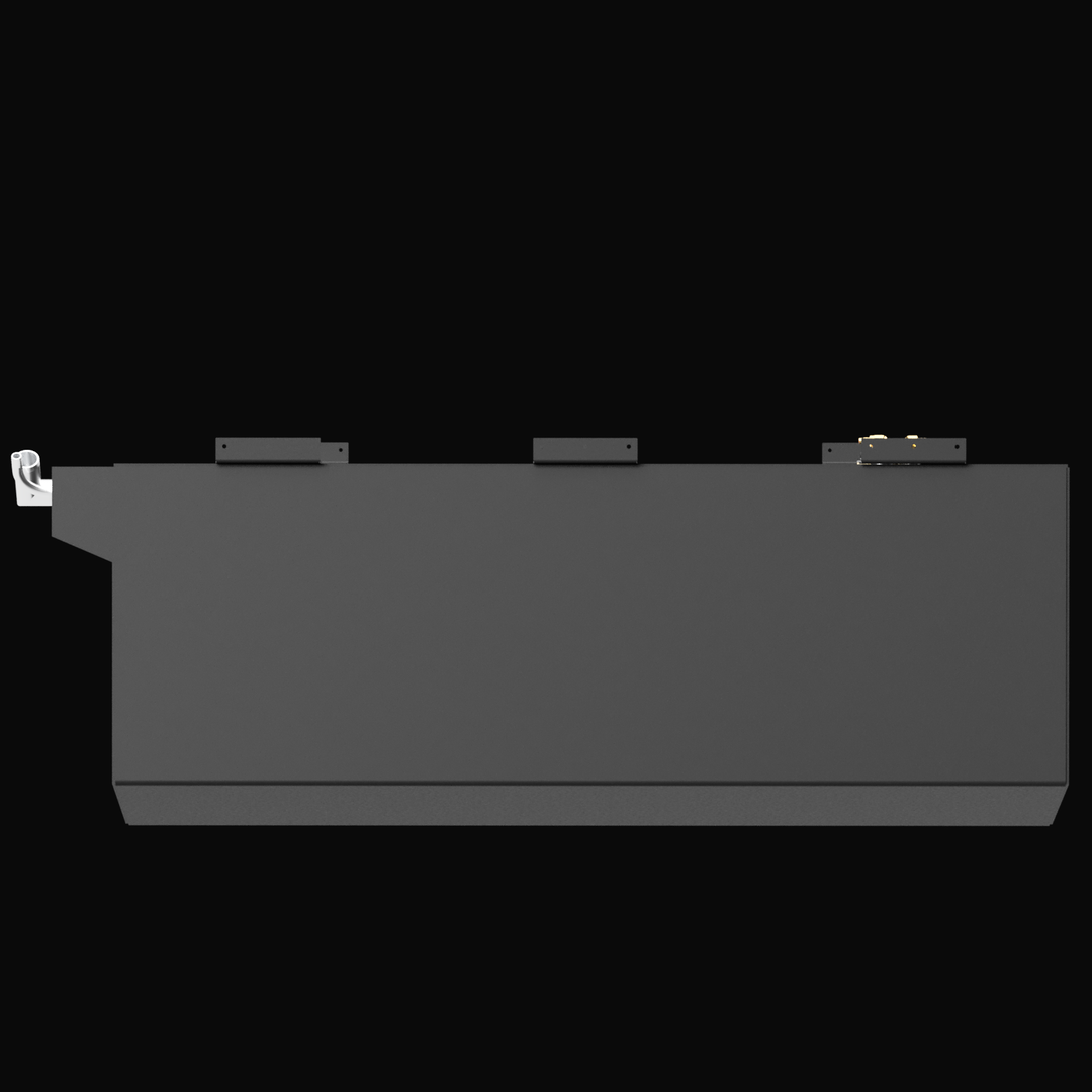 Side orthographic view of a black marine fuel tank with a stepped bottom and angled front-left extension. The tank features three top-mounted brackets for securing it in place and visible fuel fittings, including a metallic elbow connector on the far left and a fitting cluster on the far right.