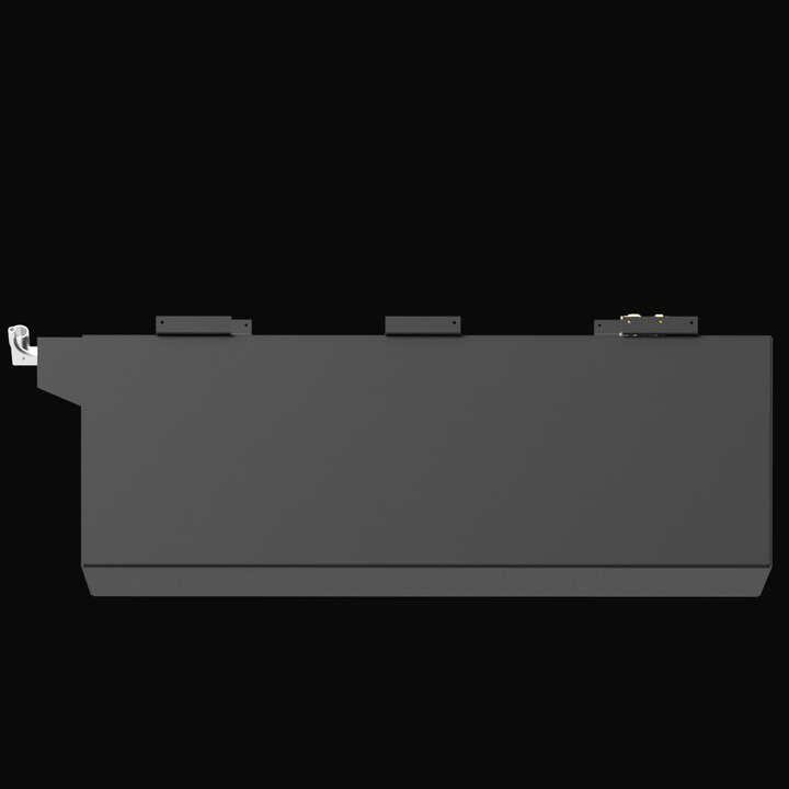 Side orthographic view of a black marine fuel tank with a stepped bottom and angled front-left extension. The tank features three top-mounted brackets for securing it in place and visible fuel fittings, including a metallic elbow connector on the far left and a fitting cluster on the far right.