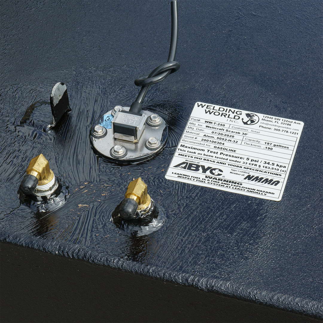 Wellcraft Scarab 30' OEM replacement fuel tank with a 197-gallon capacity, featuring a fuel sender unit and two brass fittings for fuel lines. The tank is coated for protection and has a certification sticker from Welding World