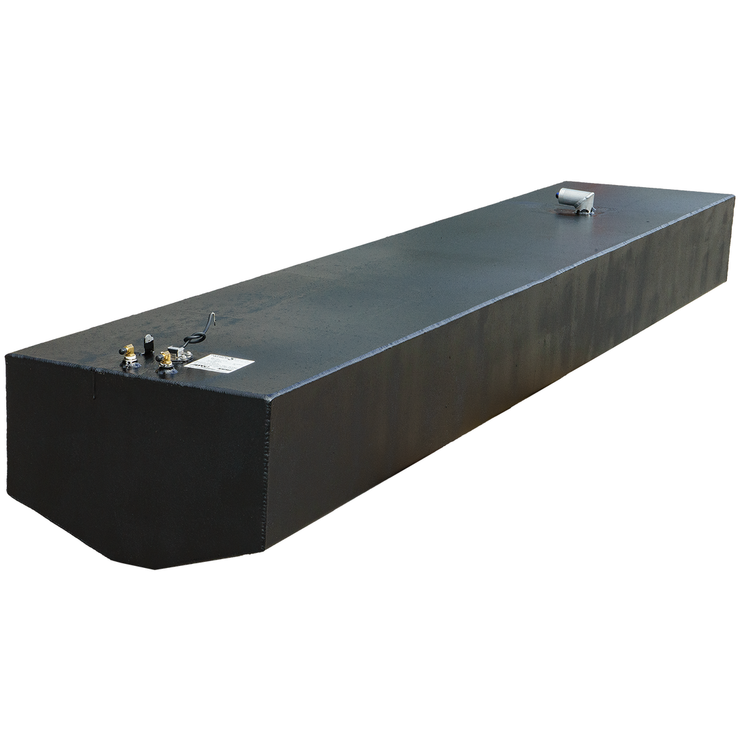 OEM replacement fuel tank for a Wellcraft Scarab 30', featuring a sleek black design and multiple connection points for fuel lines