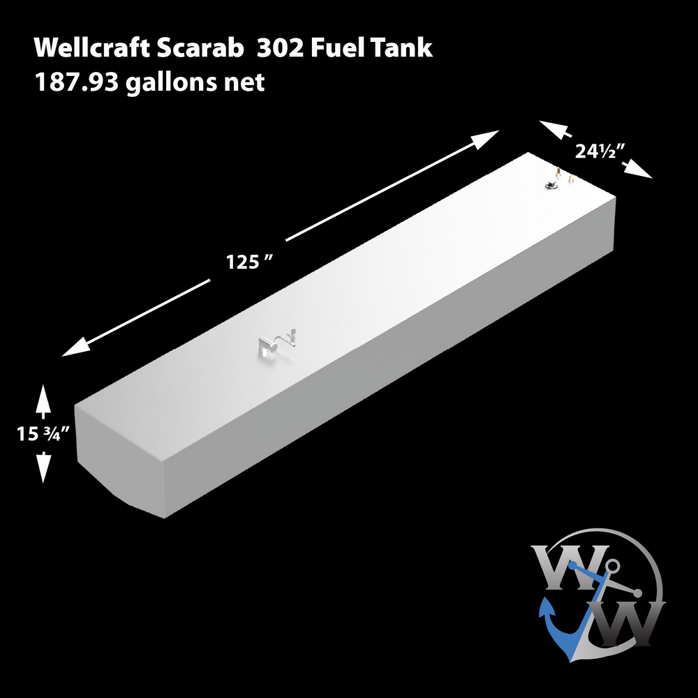 Wellcraft Scarab 302 OEM replacement fuel tank, measuring 125 inches in length, 15.75 inches in height, and 24.5 inches in width, with a capacity of 187.93 gallons net