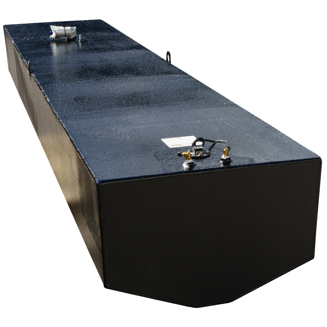 Wellcraft Scarab 302 OEM replacement fuel tank, featuring a sleek black design with fittings on one end, displayed against a transparent background