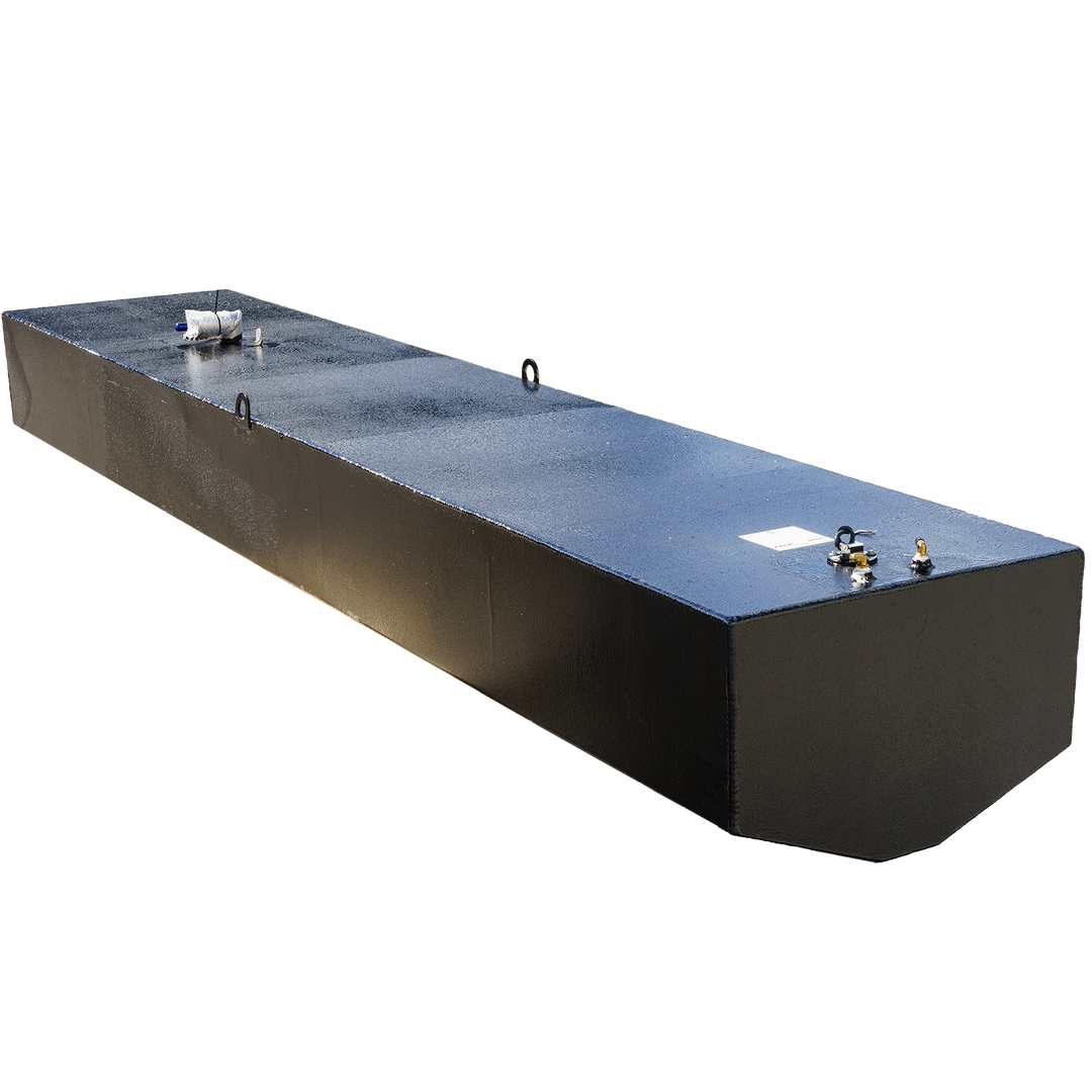 Wellcraft Scarab 302 OEM replacement fuel tank, featuring a sleek black design with fittings on top, viewed from an angle against a transparent background