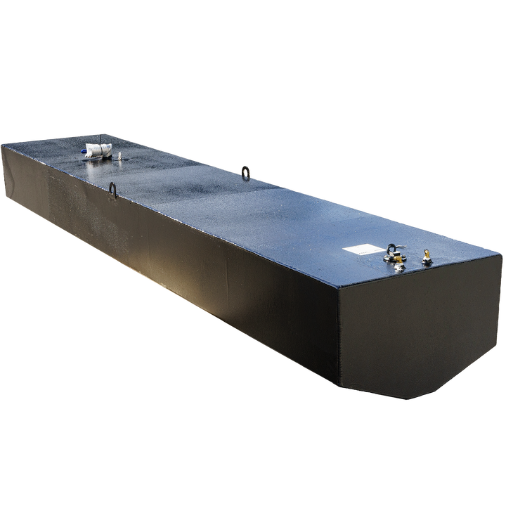 Wellcraft Scarab 302 OEM replacement fuel tank, featuring a sleek black design with fittings on top, viewed from an angle against a transparent background