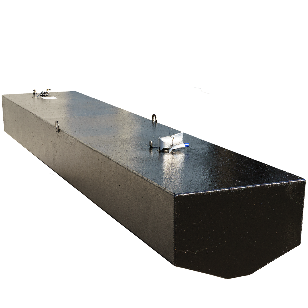 Wellcraft Scarab 302 OEM replacement fuel tank, featuring a sleek black design with two attachment points on top, viewed from an angle