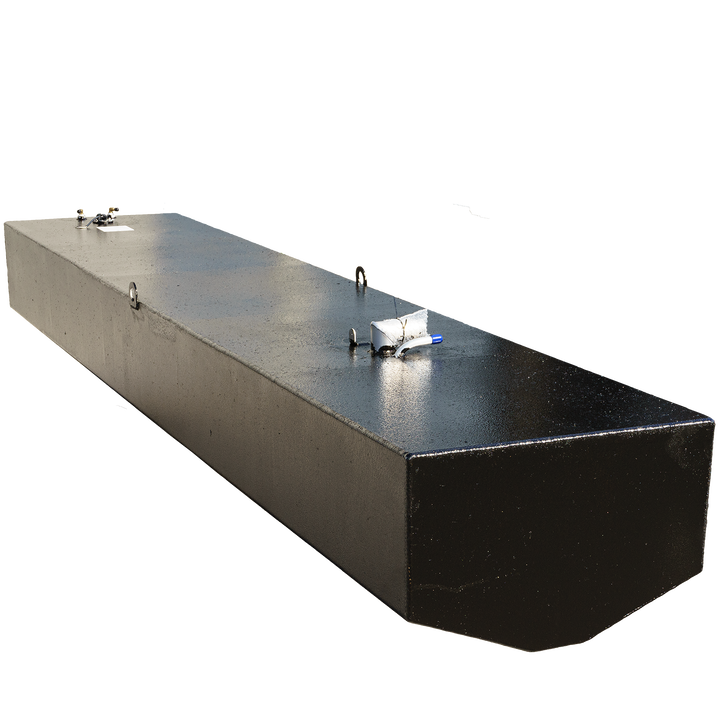 Wellcraft Scarab 302 OEM replacement fuel tank, featuring a sleek black design with two attachment points on top, viewed from an angle