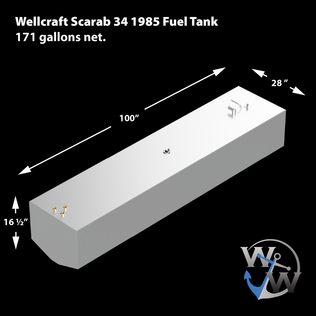 Wellcraft Scarab 34-foot 1985 fuel tank with a net capacity of 171 gallons. The tank measures 100 inches in length, 28 inches in width, and 16 1/2 inches in height. The image shows a 3D rendered tank with fittings and mounting tabs visible on the top surface. The background is black with white text displaying the tank’s specifications and the Welding World logo in the bottom right corner