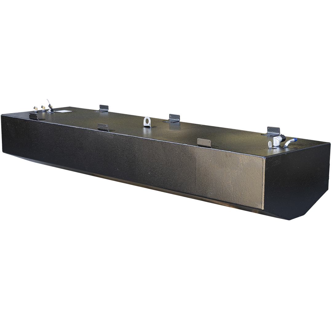 Long black rectangular metal fuel tank with a slightly rounded front edge and several welded mounting tabs along the top edge. The tank features multiple fittings on the top surface, including a white pipe with a blue cap and a black connector. The background is transparent, showing the tank from a front angled view