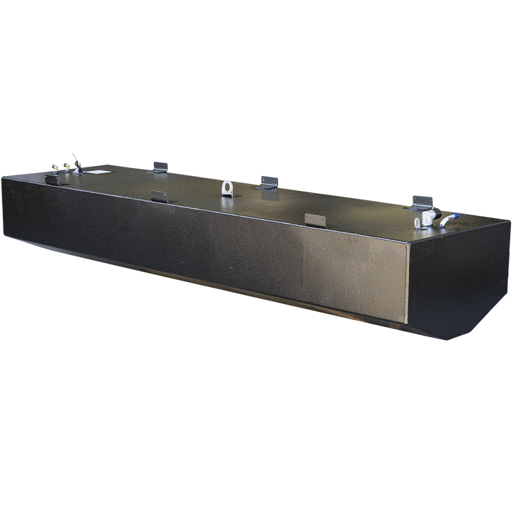 Long black rectangular metal fuel tank with a slightly rounded front edge and several welded mounting tabs along the top edge. The tank features multiple fittings on the top surface, including a white pipe with a blue cap and a black connector. The background is transparent, showing the tank from a front angled view