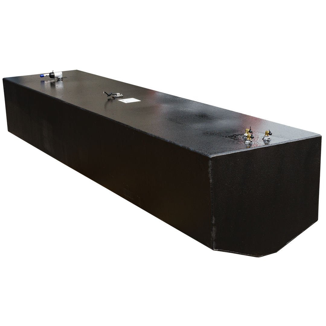 OEM replacement fuel tank for Wellcraft Scarab 34', featuring a 225-gallon capacity, designed for durability and compatibility with marine environments, showcasing a sleek black finish and multiple fittings for fuel lines