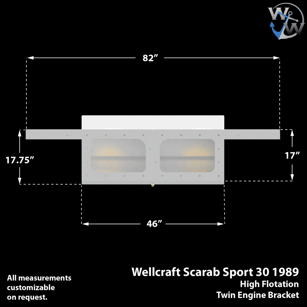A technical diagram of a Wellcraft Scarab Sport 30 1989 high flotation twin engine bracket, showing dimensions in inches. The bracket measures 82 inches in length, 46 inches in width, with side extensions of 17.75 inches and 17 inches. The diagram includes a note that all measurements are customizable upon request