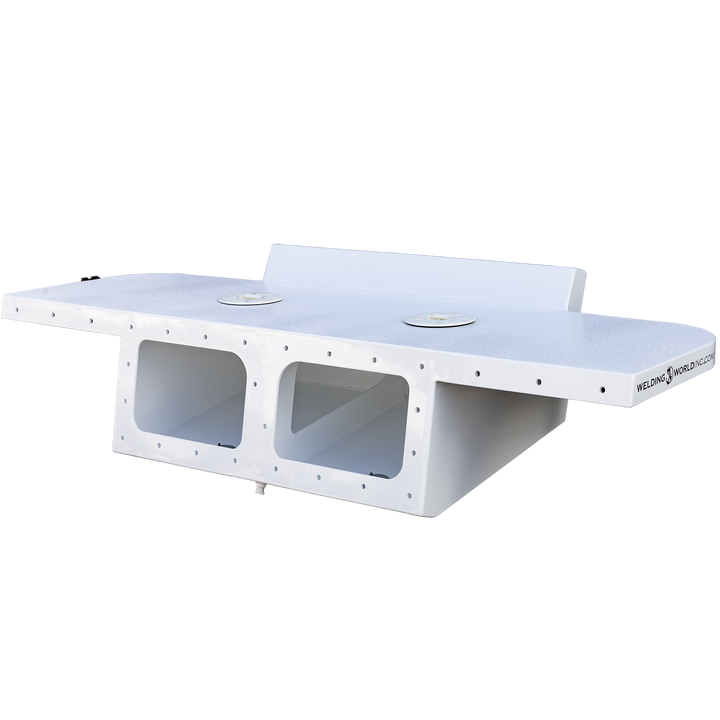 A white, custom high flotation twin outboard engine bracket designed for a Chaparral 327 SSX boat. The bracket has multiple mounting holes and cutouts, with the words "Welding World" visible on the side. It is displayed against a transparent background