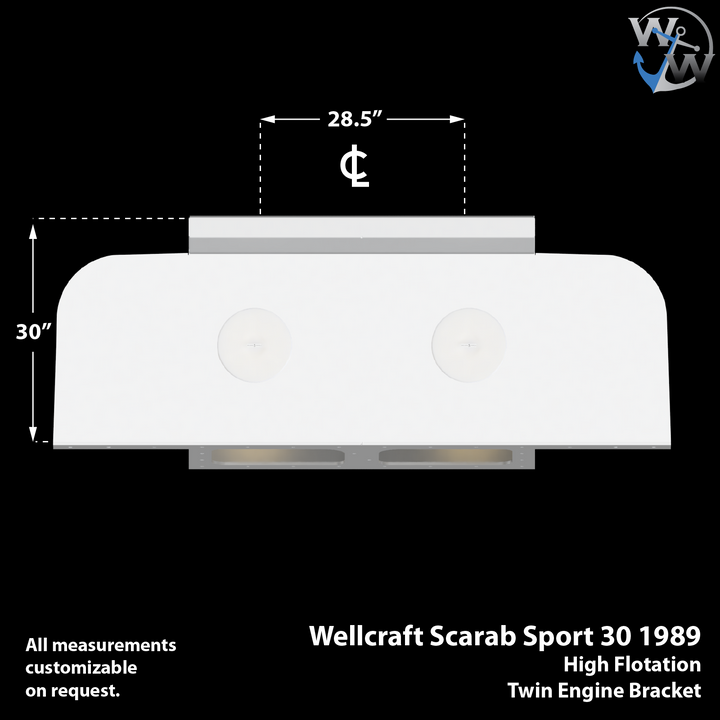  Technical drawing of a high flotation twin outboard engine bracket for a Chaparral 327 SSX, showing dimensions of 28.5 inches in width and 30 inches in height. The drawing includes annotations indicating that all measurements are customizable upon request, and features the Wellcraft Scarab Sport 30 1989 branding. The background is black with white outlines and text