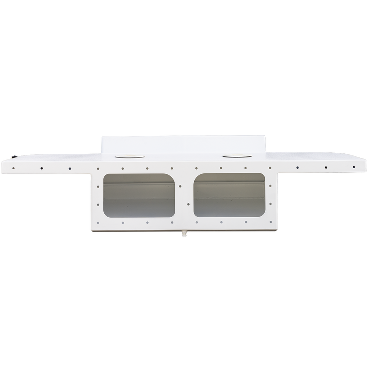 A white, metal high flotation twin outboard engine bracket designed for a Chaparral 327 SSX boat, shown against a transparent background. The bracket has multiple mounting points and cutouts, with two large rectangular openings in the center