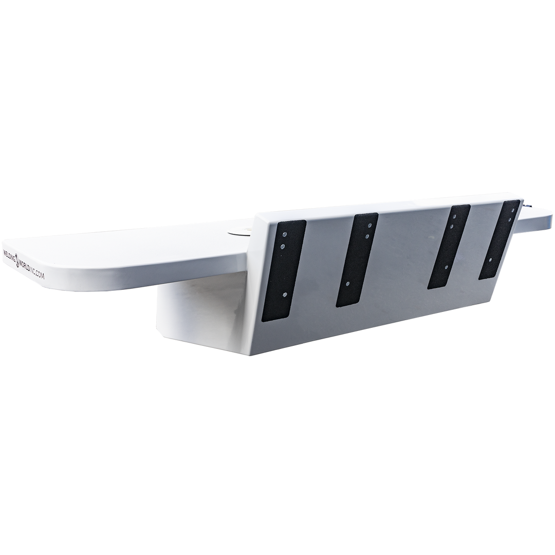 A white, custom high flotation twin outboard engine bracket with black mounting plates, shown against a transparent background. The bracket has a rectangular shape with multiple mounting points and angled support sections