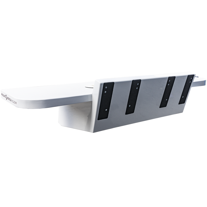 A white, custom high flotation twin outboard engine bracket with black mounting plates, shown against a transparent background. The bracket has a rectangular shape with multiple mounting points and angled support sections