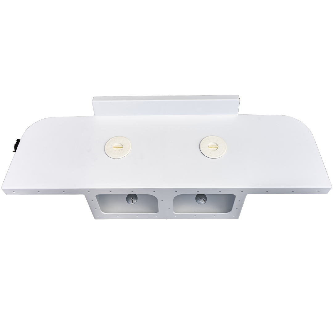 A white, metal high flotation twin outboard engine bracket with two mounting holes and support arms, shown against a transparent background.

