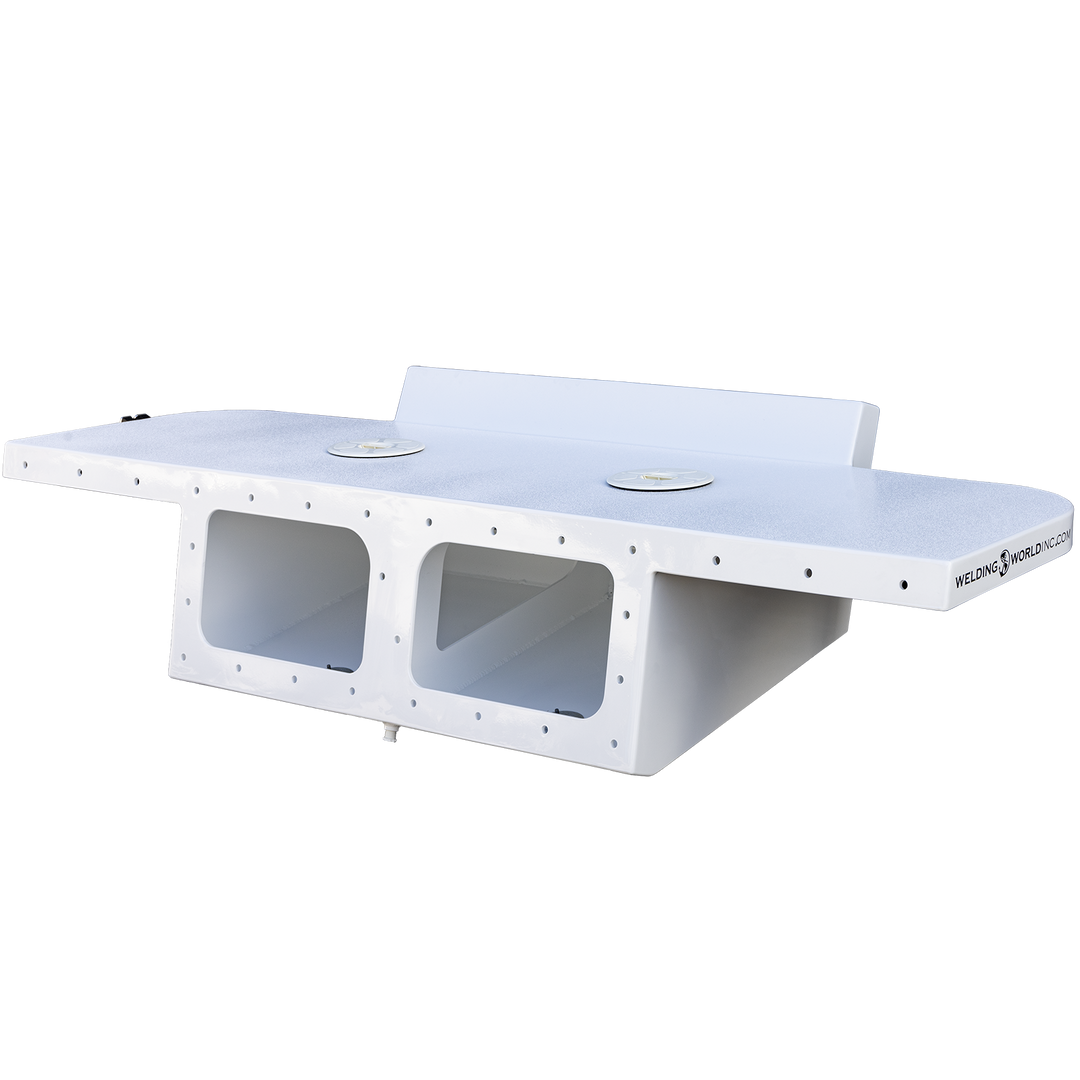A white, custom high flotation twin outboard engine bracket designed for a Chaparral 327 SSX boat. The bracket has multiple mounting holes and cutouts, with the words "Welding World" visible on the side. It is displayed against a transparent background