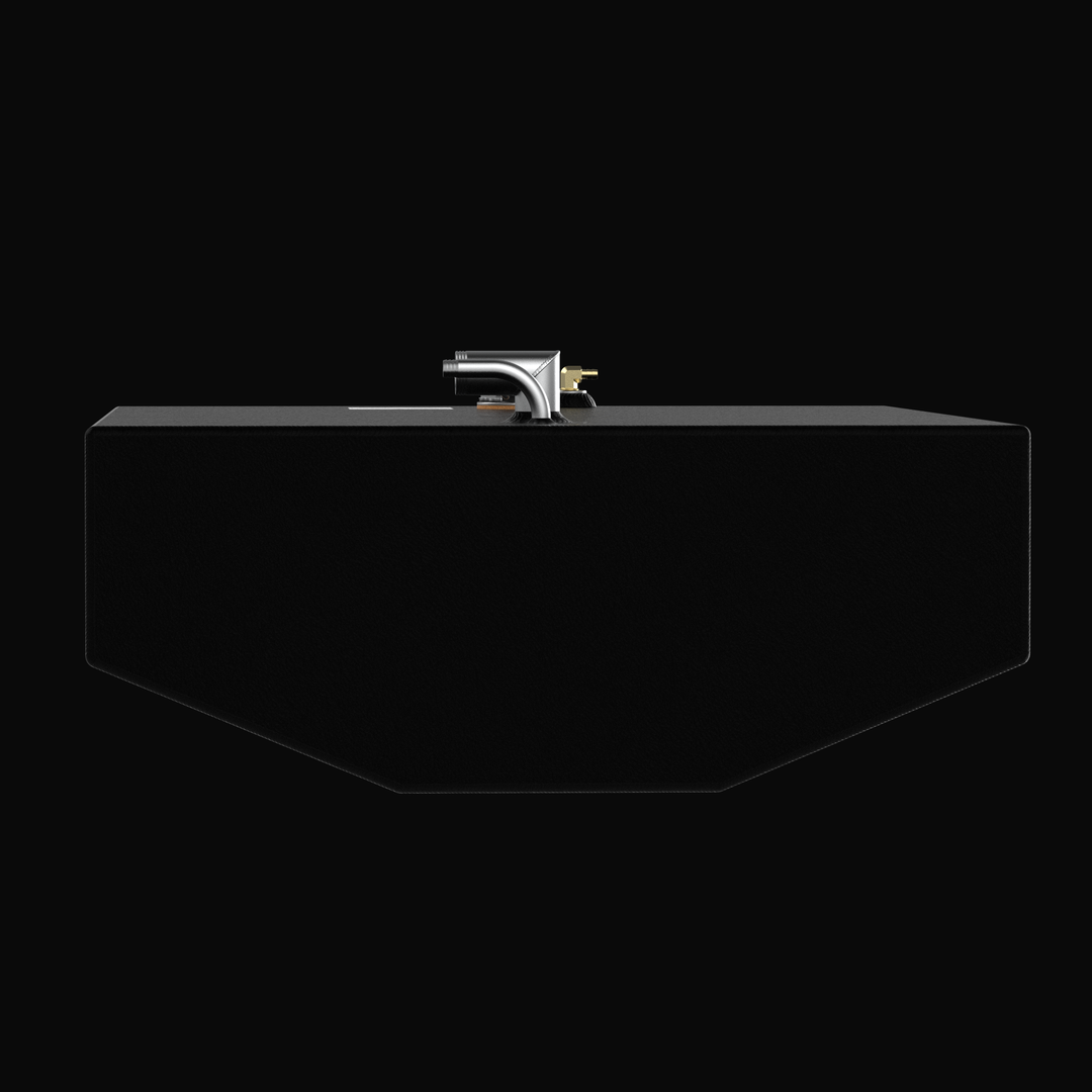 Direct front profile of a 1985 Wellcraft V20 Steplift replacement fuel tank. This view highlights the specific V-hull deadrise angle required for a precise OEM fit in the center stringer cavity. The tank features a high-build Coal Tar Epoxy coating, a heavy-duty 1.5-inch aluminum fill neck, and pre-installed brass fittings, all manufactured to USCG and ABYC marine safety standards.