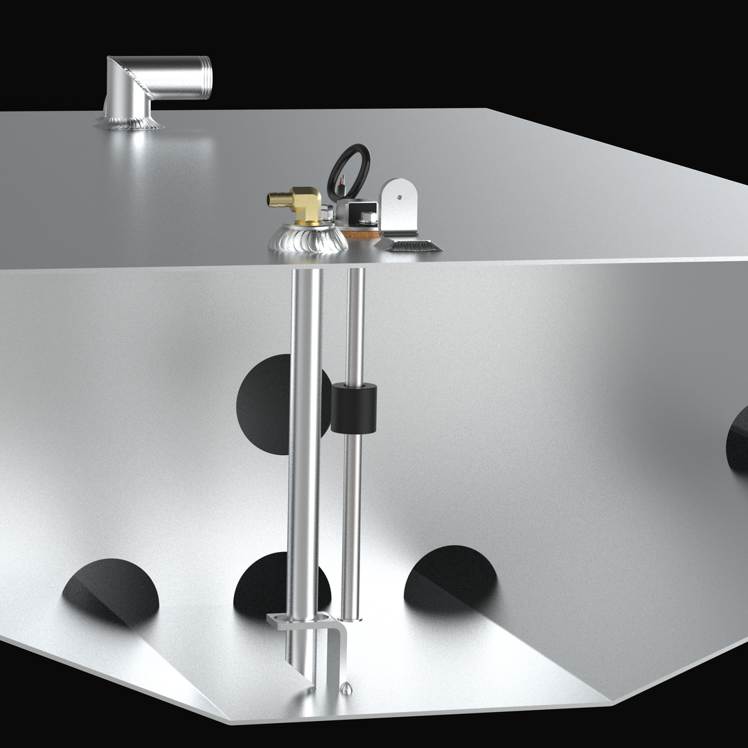 Internal cutaway view of a Wellcraft V20 Steplift aluminum fuel tank showcasing the structural baffles and high-quality hardware. Detailed components include the fuel pickup tube, mechanical fuel sending unit, brass fittings, and heavy-duty TIG welds, ensuring USCG-compliant fuel delivery for marine restorations.