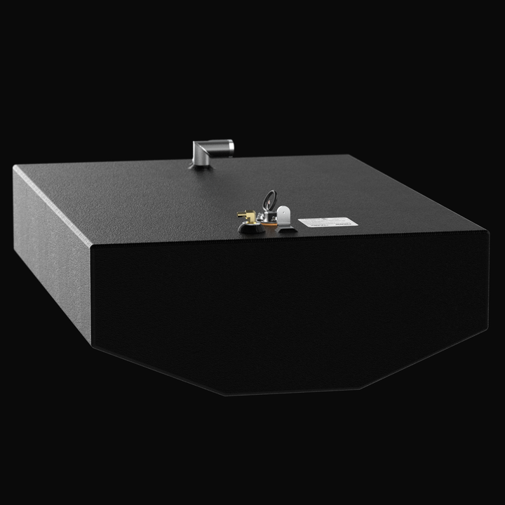 Front-facing isometric view of a 1985 Wellcraft V20 Steplift replacement fuel tank. The image showcases the heavy-duty Coal Tar Epoxy coating and the specific V-hull bottom geometry designed for a precise OEM factory fit. Pre-installed hardware includes the fuel sending unit, brass pickup, and 1.5-inch fill neck, all built to USCG and ABYC marine safety standards.