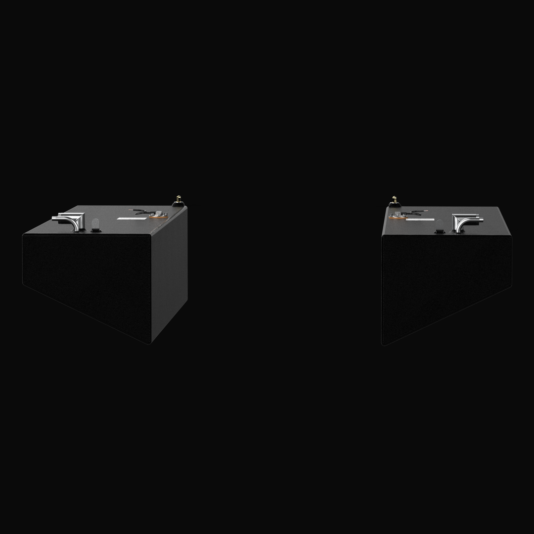 A front perspective view of the Whitewater 28 AFT replacement fuel tanks (PORT and STBD), showcasing the specialized V-hull-conforming angled profiles. These 46-gallon marine fuel tanks are finished in a professional black TarGard epoxy coating for maximum corrosion resistance. Fabricated from heavy-duty .190" marine-grade aluminum, each unit is equipped with top-mounted 316 stainless steel fill and vent tubes, ensuring a guaranteed 100% drop-in fit for an OEM-quality restoration.
