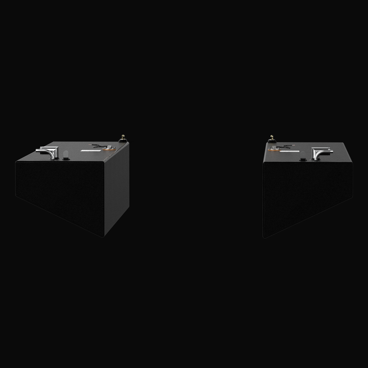 A front perspective view of the Whitewater 28 AFT replacement fuel tanks (PORT and STBD), showcasing the specialized V-hull-conforming angled profiles. These 46-gallon marine fuel tanks are finished in a professional black TarGard epoxy coating for maximum corrosion resistance. Fabricated from heavy-duty .190" marine-grade aluminum, each unit is equipped with top-mounted 316 stainless steel fill and vent tubes, ensuring a guaranteed 100% drop-in fit for an OEM-quality restoration.
