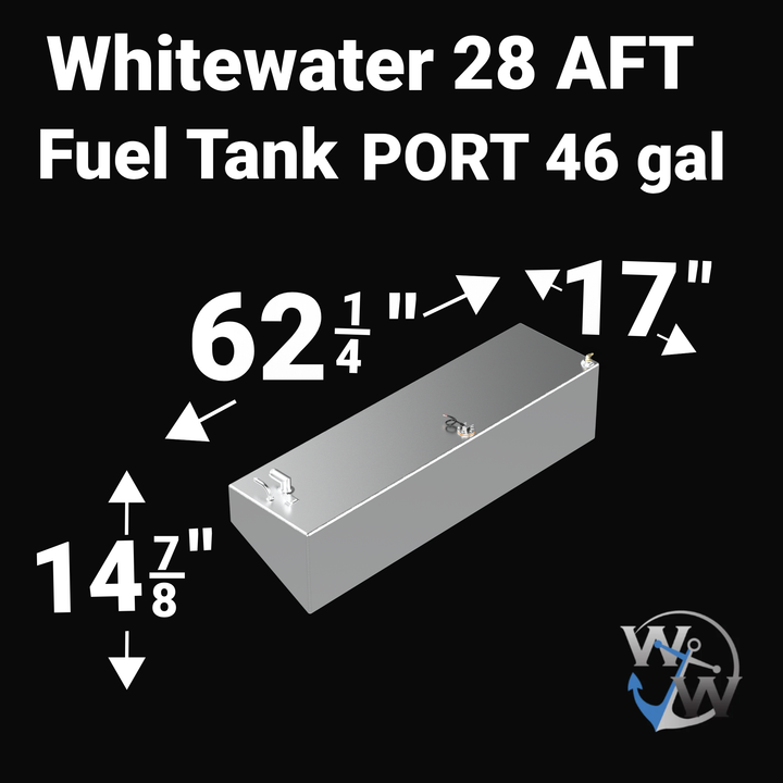 Dimensional technical diagram for a Whitewater 28 AFT (Aft) PORT replacement fuel tank with a 46-gallon capacity. The graphic displays precise measurements of 62 1/4" length, 17" width, and 14 7/8" height, showing the specialized angled hull-conforming profile. Fabricated from marine-grade 5052-H32 aluminum, this OEM replacement is engineered by Welding World for a guaranteed 100% drop-in fit.