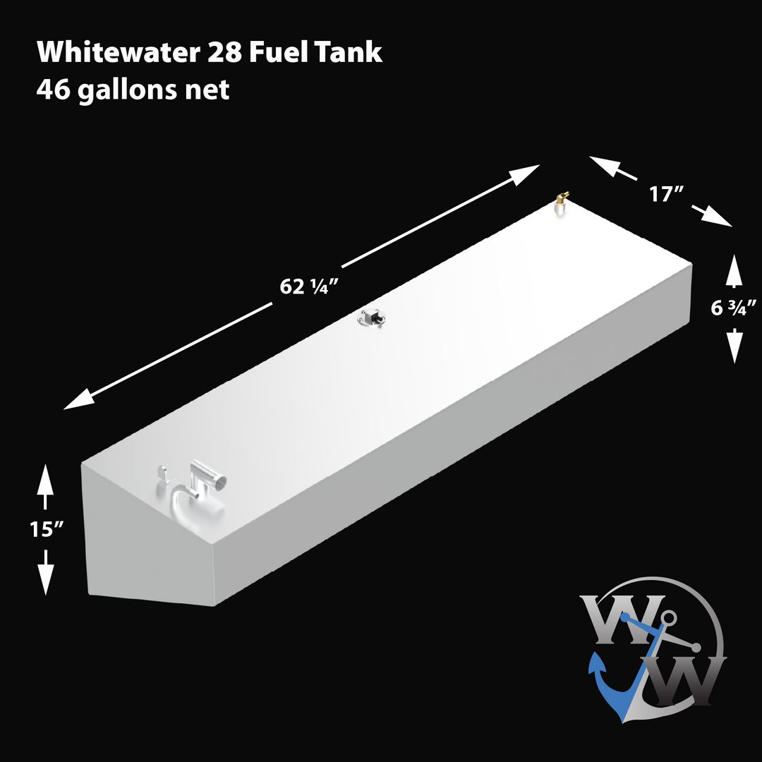 Whitewater boat with a dual 46-gallon fuel tank combo, designed for offshore fishing with efficient and durable fuel storage