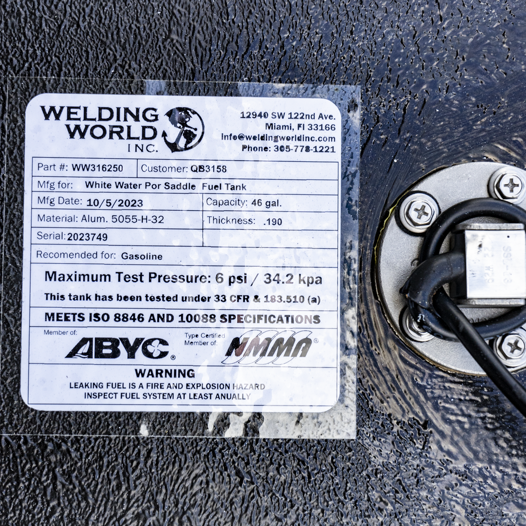 A label of a Whitewater boat with a dual 46-gallon fuel tank combo, designed for offshore fishing with efficient and durable fuel storage