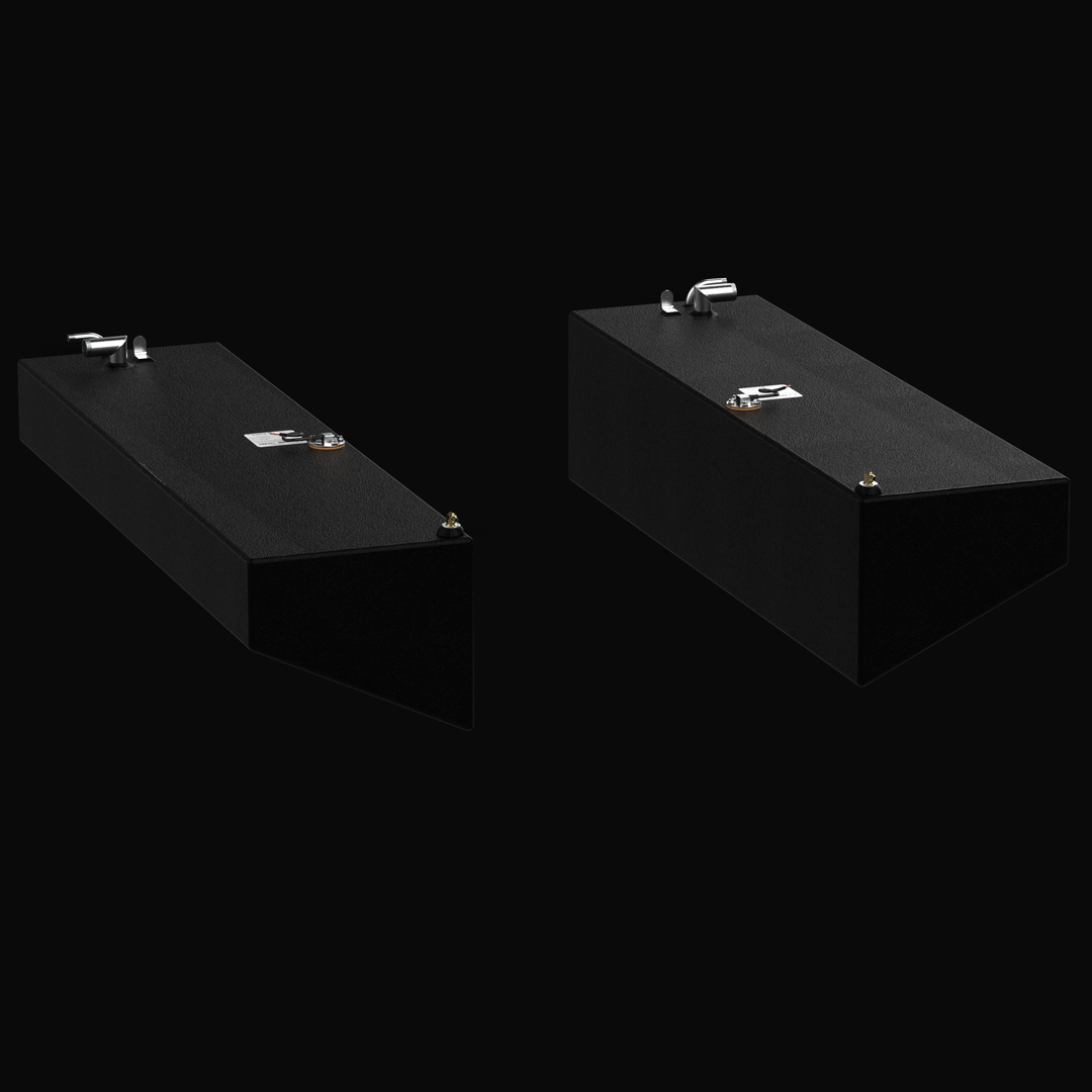 A perspective view of the Whitewater 28 AFT replacement fuel tanks (PORT and STBD), featuring a high-durability black TarGard epoxy finish. This pair of 46-gallon marine fuel tanks is precision-fabricated from .190" 5052-H32 aluminum to match the original V-hull contours. The units include top-mounted 316 stainless steel fittings and integrated fuel sending units, providing a guaranteed 100% drop-in fit for a complete fuel system restoration.
