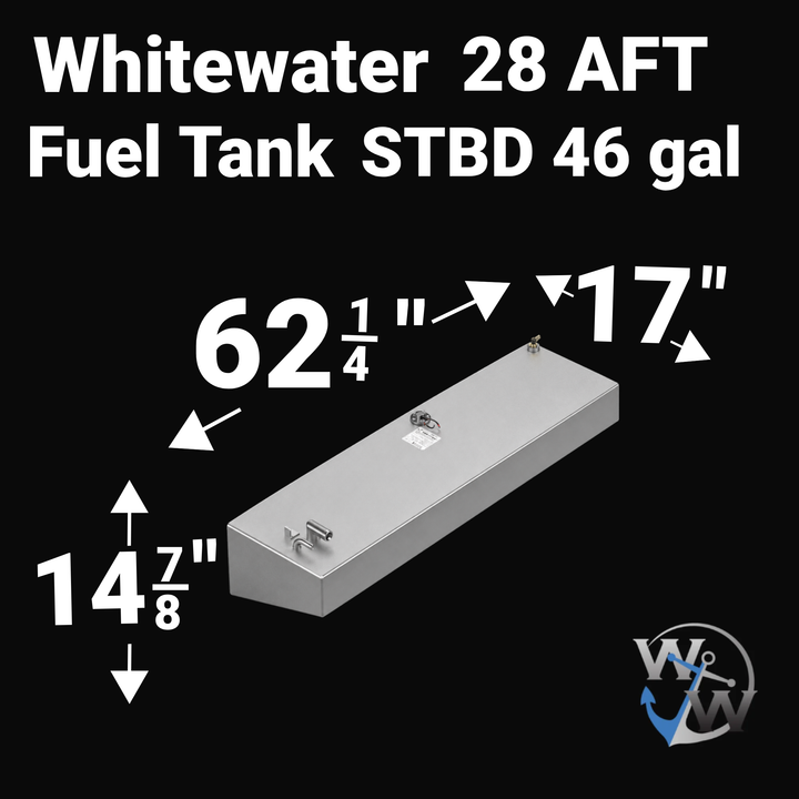 Dimensional technical diagram for a Whitewater 28 AFT (Aft) STBD replacement fuel tank with a 46-gallon capacity. The graphic displays precise measurements of 62 1/4" length, 17" width, and 14 7/8" height, highlighting the specialized starboard-side tapered hull profile. Fabricated from marine-grade 5052-H32 aluminum, this OEM replacement is engineered by Welding World for a guaranteed 100% drop-in fit.