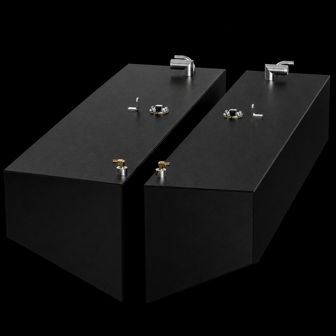 A rear perspective view of the Whitewater 28 FWD replacement fuel tanks (PORT and STBD), showcasing the high-performance black TarGard epoxy finish. These 75-gallon marine fuel tanks are fabricated from heavy-duty .190" 5052-H32 aluminum with a specialized tapered design for a perfect hull fit. Each tank features top-mounted 316 stainless steel fill and vent tubes, brass pickups, and integrated KUS fuel sending units, ensuring a guaranteed 100% drop-in fit for an OEM restoration.