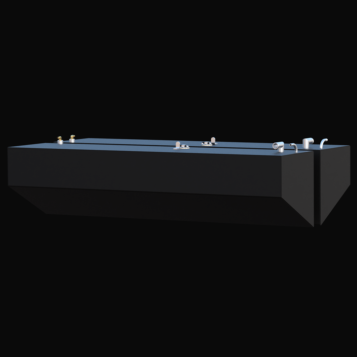 A side perspective view of the Whitewater 28 FWD (75 gal ea.) replacement fuel tanks, highlighting the precision-engineered tapered hull-conforming design. Both the port and starboard units feature a professional black TarGard epoxy finish for superior protection against saltwater corrosion. Fabricated from heavy-duty .190" marine-grade aluminum, these tanks showcase top-mounted 316 stainless steel fill and vent tubes, ensuring a guaranteed 100% drop-in fit for your vessel's restoration.
