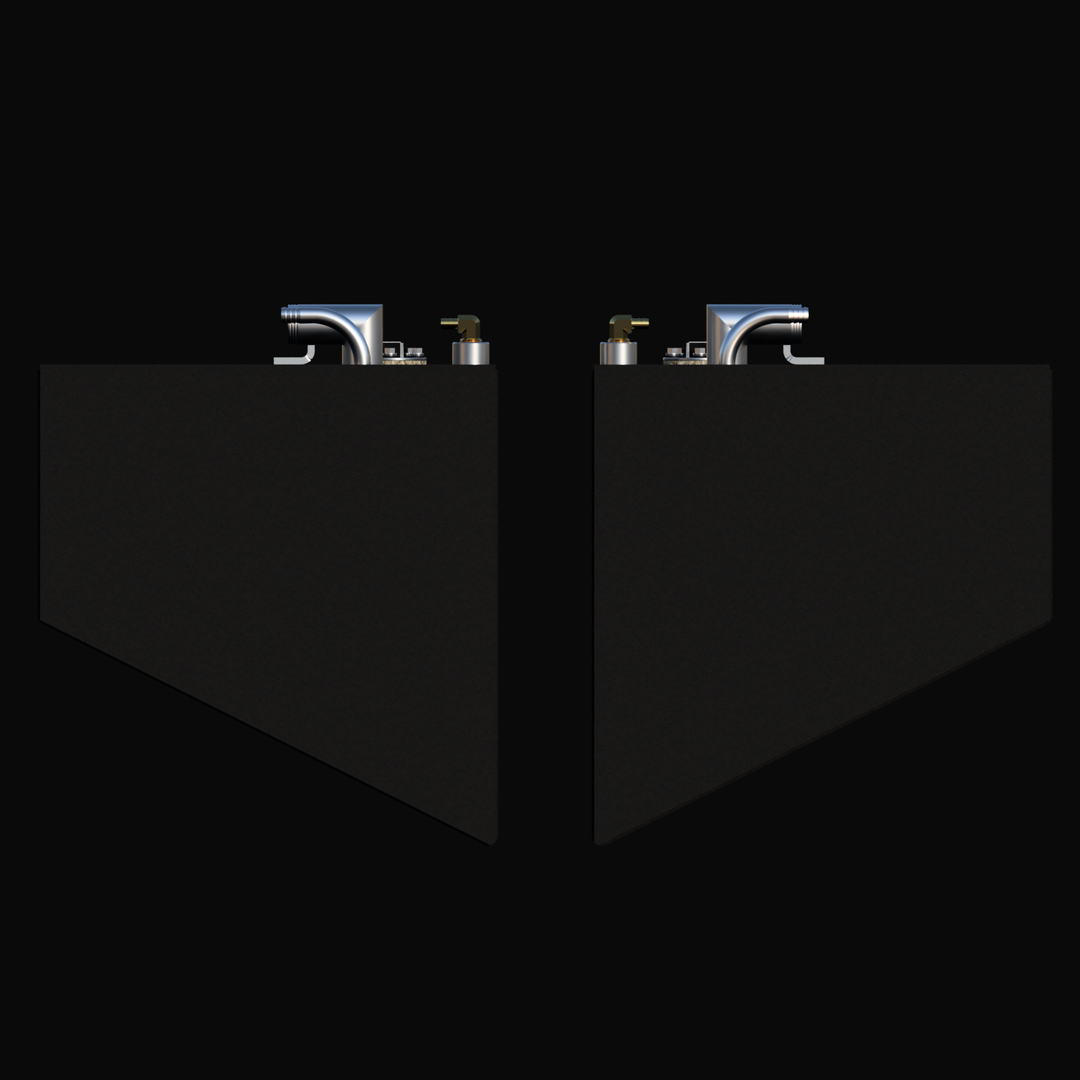 A front profile view of the Whitewater 28 FWD replacement fuel tanks, highlighting the precision-engineered tapered hull-conforming design. This port and starboard pair features a rugged black TarGard epoxy finish for superior corrosion resistance. Fabricated from heavy-duty .190" marine-grade aluminum, each tank is equipped with top-mounted 316 stainless steel fill and vent tubes, providing a guaranteed 100% drop-in fit for an OEM-quality restoration.