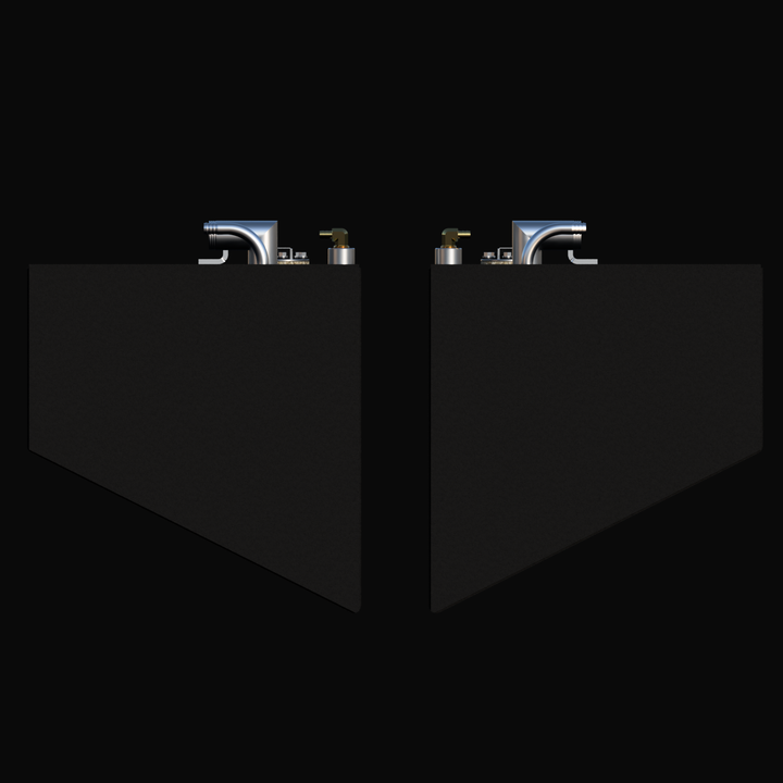 A front profile view of the Whitewater 28 FWD replacement fuel tanks, highlighting the precision-engineered tapered hull-conforming design. This port and starboard pair features a rugged black TarGard epoxy finish for superior corrosion resistance. Fabricated from heavy-duty .190" marine-grade aluminum, each tank is equipped with top-mounted 316 stainless steel fill and vent tubes, providing a guaranteed 100% drop-in fit for an OEM-quality restoration.