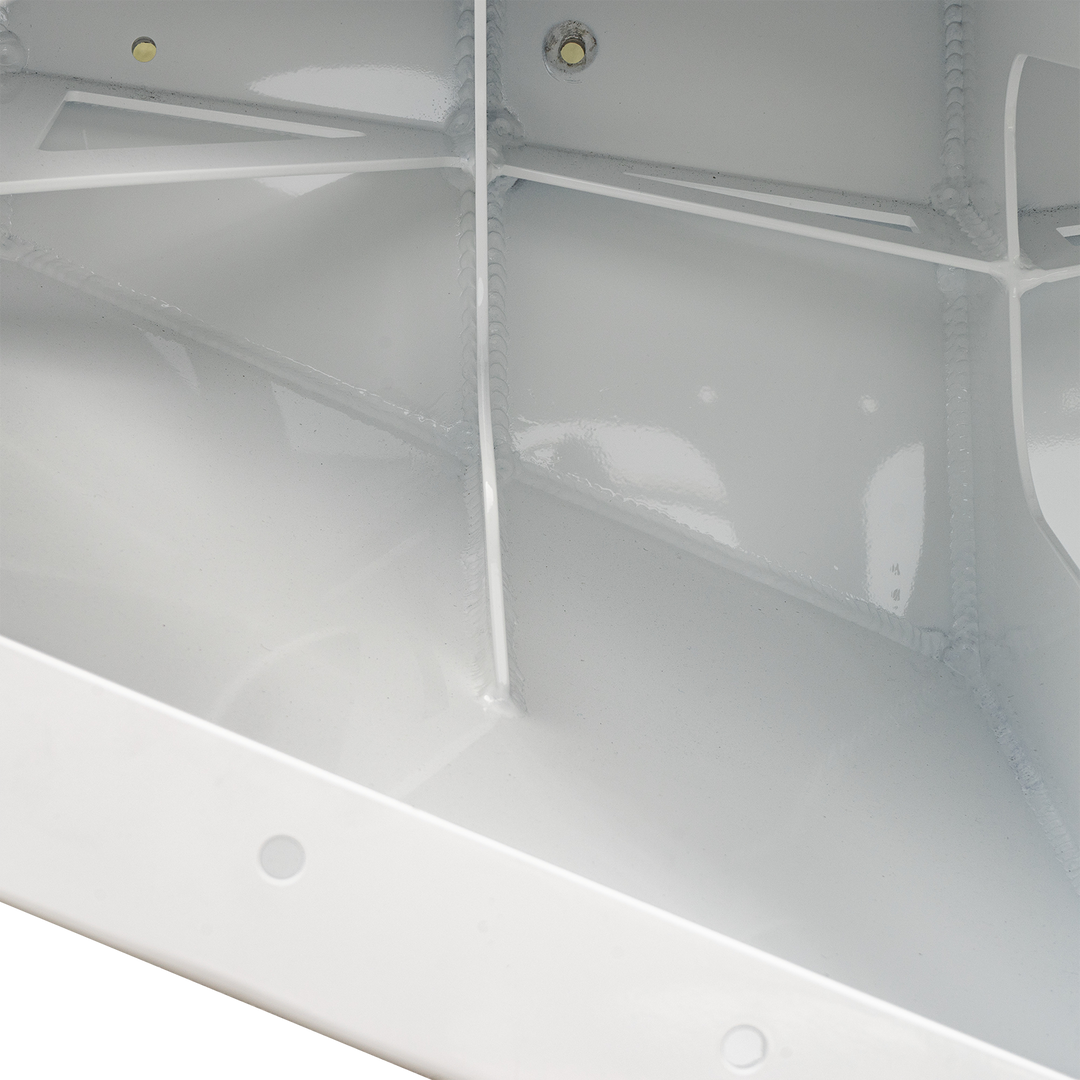 Close-up view of the interior of a Whitewater/Seavee/Rampone 25 Twin Engine High Flotation Bracket, showing smooth, glossy white surfaces with visible welds and support structures. The image highlights the internal framework and construction details of the bracket