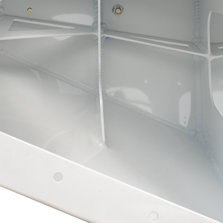 Close-up view of the interior of a Whitewater/Seavee/Rampone 25 Twin Engine High Flotation Bracket, showing smooth, glossy white surfaces with visible welds and support structures. The image highlights the internal framework and construction details of the bracket