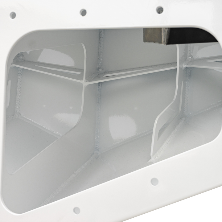 Interior view of the Whitewater/Seavee/Rampone 25 Twin Engine High Flotation Bracket, showing a smooth, white metal structure with internal supports and compartments designed for buoyancy and support. The image highlights the clean welds and finished surfaces of the bracket
