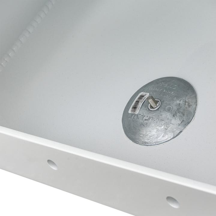 Close-up of the Whitewater/Seavee/Rampone 25 Twin Engine High Flotation Bracket, showing a metallic support plate with a bolt and barcode sticker attached. The surface is smooth and white, with a corner of the bracket visible at the bottom. The background is transparent
