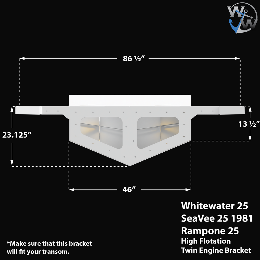 Technical drawing of the Whitewater/Seavee/Rampone 25 Twin Engine High Flotation Bracket, showing a white metal component with dimensions. The bracket measures 86 1/2 inches in length, 46 inches in width, and 23 1/8 inches in height, with additional measurements of 13 1/2 inches on the side. The drawing includes a note to ensure the bracket fits the transom. The background is black, with white lines and text, and a logo in the top right corner